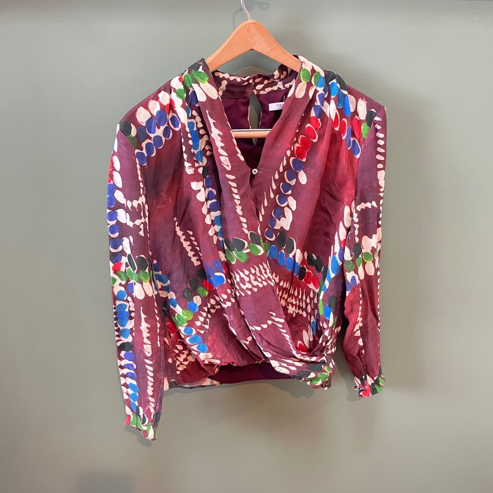 MM La Fleur New York Womens Burgundy/Brown Abstract Print Draped Wrap Blouse XS